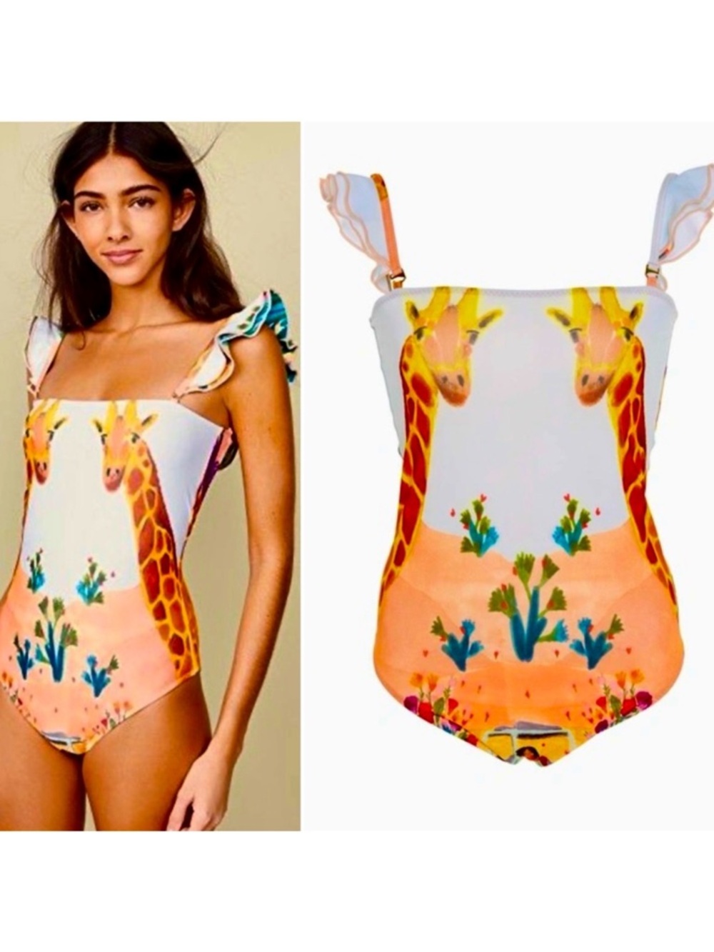 CAROLINA K. Giraffe Print Ruffle Sleeve One Piece Boho Swimsuit - Picture 3 of 16